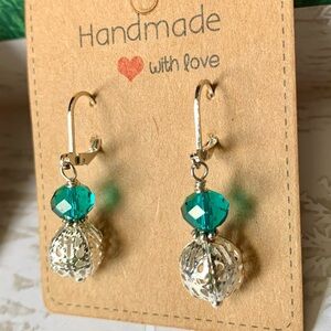 🎁FREE with $10 Purchase Filigree Silver Ball Teal Crystal Handmade Earrings